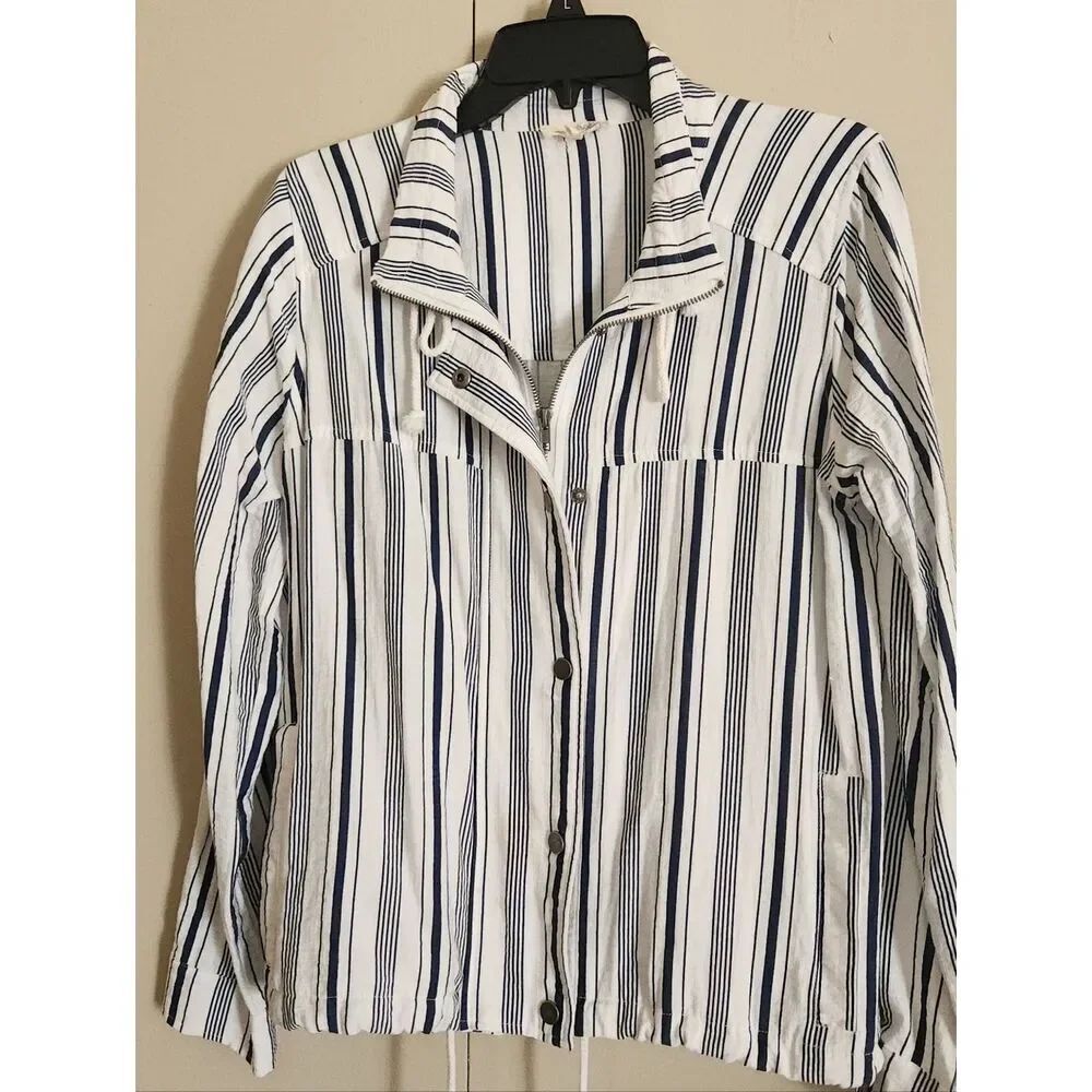 015 Mystree Women's Navy & White Striped Zip snd Snap Front Lightweight Jacket